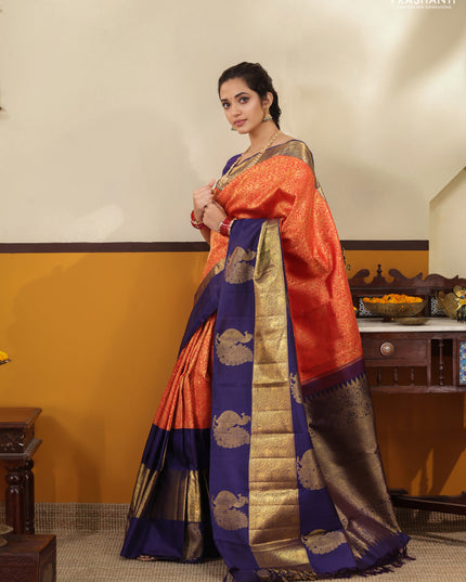 Red -Blue Pure Kanchipuram silk saree with zari woven brocade weaves and long annam butta zari border