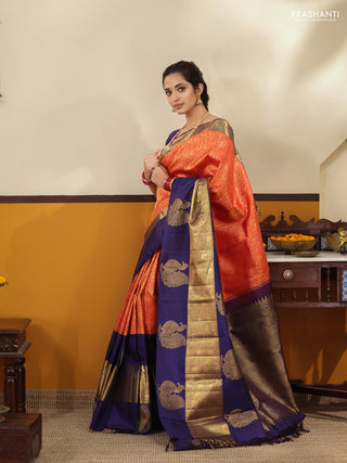 Red -Blue Pure Kanchipuram silk saree with zari woven brocade weaves and long annam butta zari border