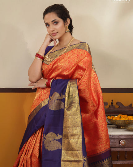Red -Blue Pure Kanchipuram silk saree with zari woven brocade weaves and long annam butta zari border