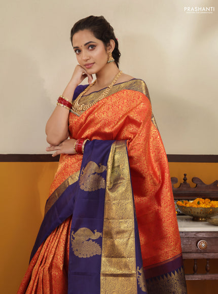 Red -Blue Pure Kanchipuram silk saree with zari woven brocade weaves and long annam butta zari border