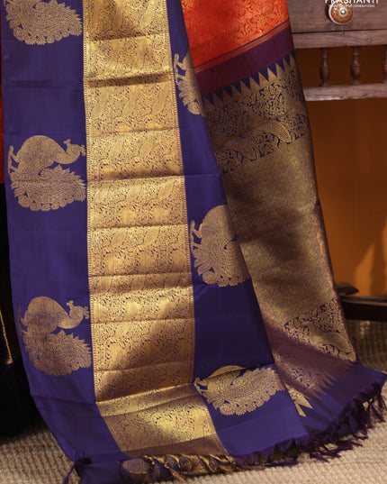 Red -Blue Pure Kanchipuram silk saree with zari woven brocade weaves and long annam butta zari border