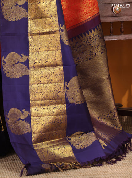 Red -Blue Pure Kanchipuram silk saree with zari woven brocade weaves and long annam butta zari border