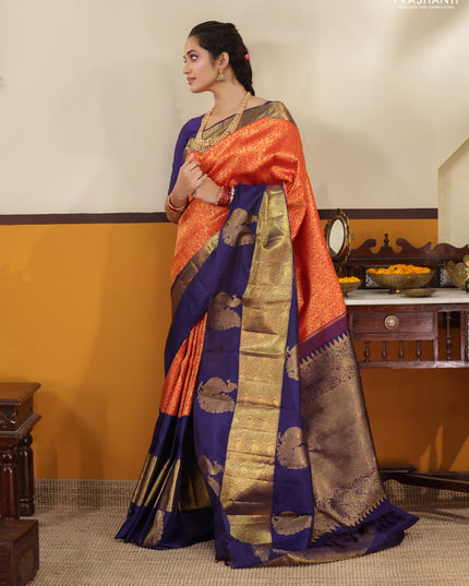 Red -Blue Pure Kanchipuram silk saree with zari woven brocade weaves and long annam butta zari border