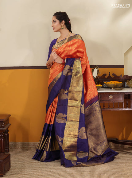 Red -Blue Pure Kanchipuram silk saree with zari woven brocade weaves and long annam butta zari border