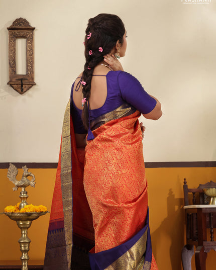 Red -Blue Pure Kanchipuram silk saree with zari woven brocade weaves and long annam butta zari border
