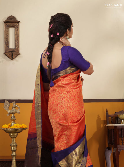 Red -Blue Pure Kanchipuram silk saree with zari woven brocade weaves and long annam butta zari border
