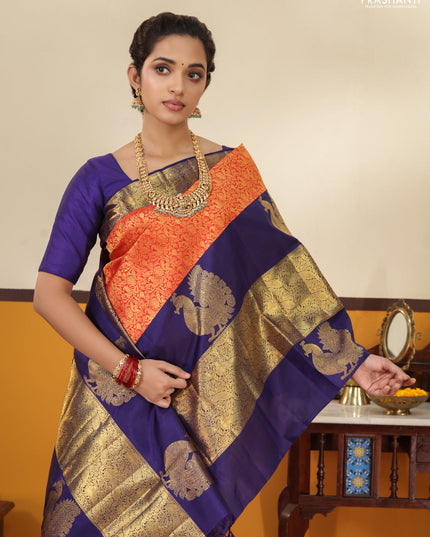 Red -Blue Pure Kanchipuram silk saree with zari woven brocade weaves and long annam butta zari border