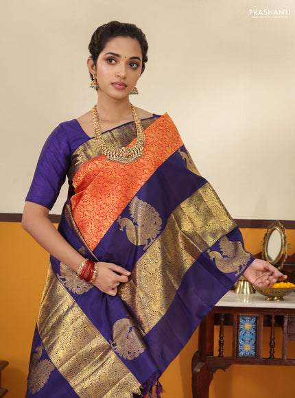 Red -Blue Pure Kanchipuram silk saree with zari woven brocade weaves and long annam butta zari border