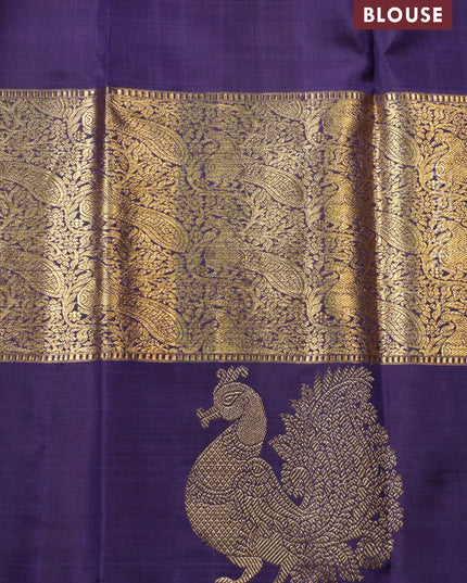 Red -Blue Pure Kanchipuram silk saree with zari woven brocade weaves and long annam butta zari border