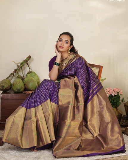 Violet Pure kanchipuram silk saree with allover zari checks & long zari woven muniya butta border