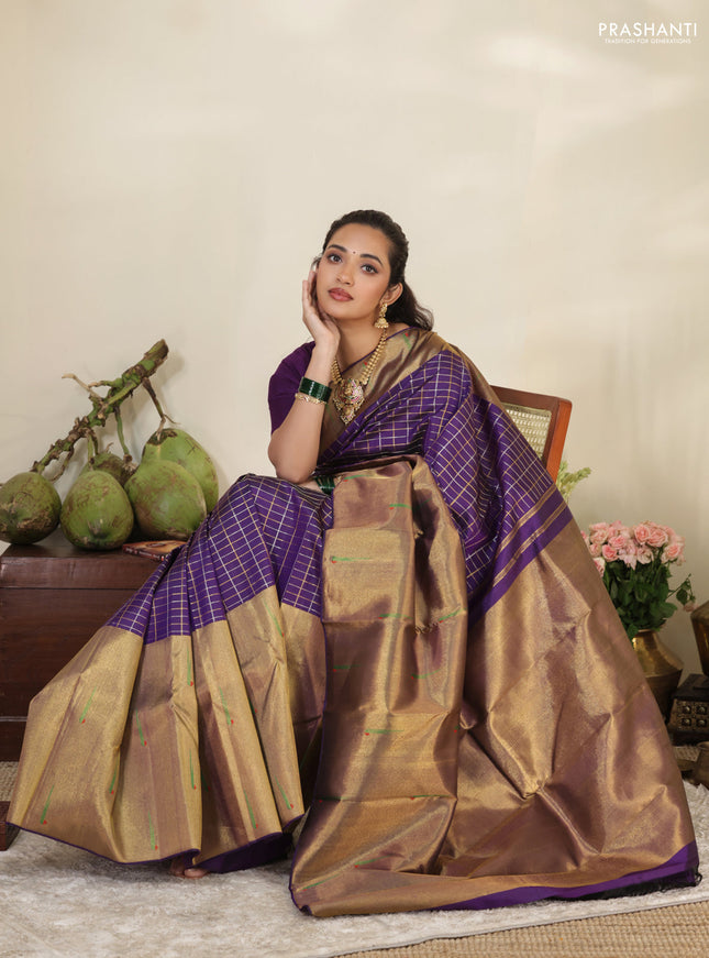 Violet Pure kanchipuram silk saree with allover zari checks & long zari woven muniya butta border
