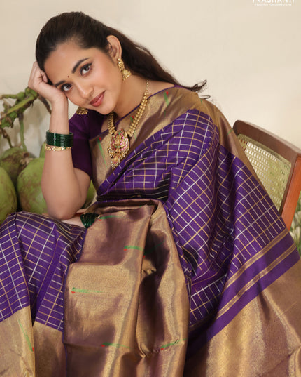 Violet Pure kanchipuram silk saree with allover zari checks & long zari woven muniya butta border