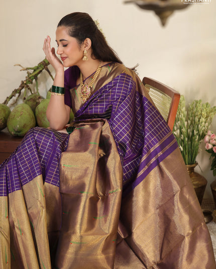 Violet Pure kanchipuram silk saree with allover zari checks & long zari woven muniya butta border