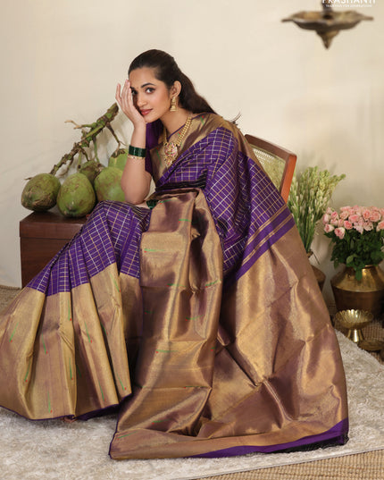 Violet Pure kanchipuram silk saree with allover zari checks & long zari woven muniya butta border