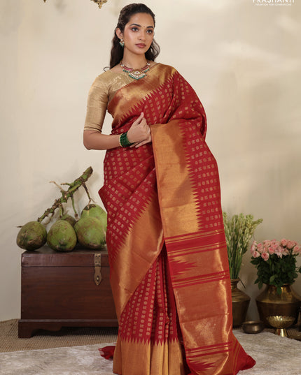 Red Pure Kanchipuram silk saree with allover annam & rudhrasham zari woven buttas & temple zari woven border