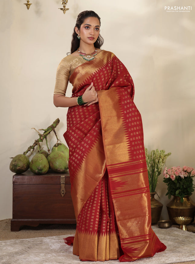 Red Pure Kanchipuram silk saree with allover annam & rudhrasham zari woven buttas & temple zari woven border
