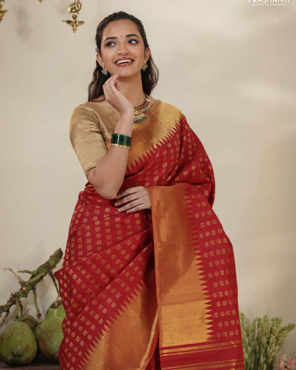 Red Pure Kanchipuram silk saree with allover annam & rudhrasham zari woven buttas & temple zari woven border