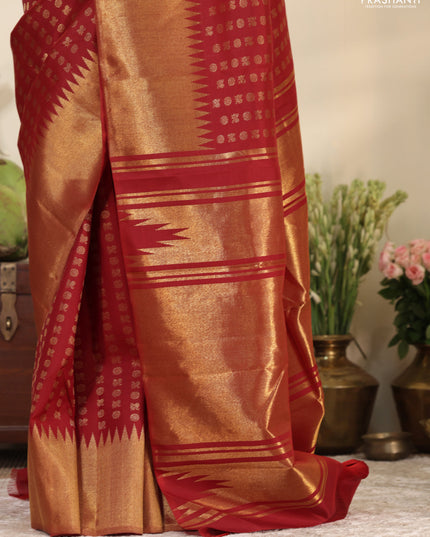 Red Pure Kanchipuram silk saree with allover annam & rudhrasham zari woven buttas & temple zari woven border