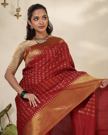 Red Pure Kanchipuram silk saree with allover annam & rudhrasham zari woven buttas & temple zari woven border