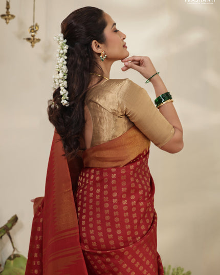 Red Pure Kanchipuram silk saree with allover annam & rudhrasham zari woven buttas & temple zari woven border