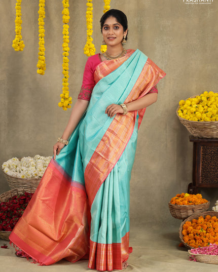 Teal blue-Peach Pink Pure Kanchipuram Silk Saree With Silver & Gold zari weaves & rich zari border