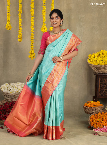 Teal blue-Peach Pink Pure Kanchipuram Silk Saree With Silver & Gold zari weaves & rich zari border
