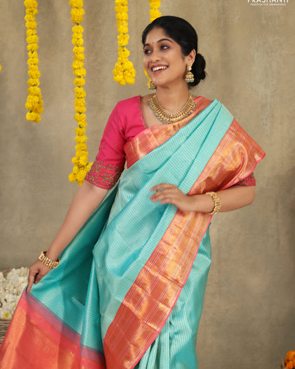 Teal blue-Peach Pink Pure Kanchipuram Silk Saree With Silver & Gold zari weaves & rich zari border