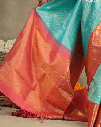 Teal blue-Peach Pink Pure Kanchipuram Silk Saree With Silver & Gold zari weaves & rich zari border