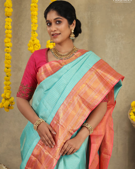 Teal blue-Peach Pink Pure Kanchipuram Silk Saree With Silver & Gold zari weaves & rich zari border