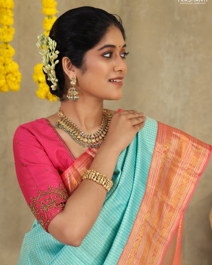 Teal blue-Peach Pink Pure Kanchipuram Silk Saree With Silver & Gold zari weaves & rich zari border