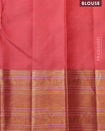 Teal blue-Peach Pink Pure Kanchipuram Silk Saree With Silver & Gold zari weaves & rich zari border