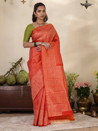 Orange Pure kanchipuram silk saree with allover zari woven brocade weaves & zari woven border