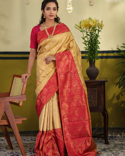 Sandal-Pink Pure kanchipuram silk saree with allover brocade zari weaves & rich zari woven border