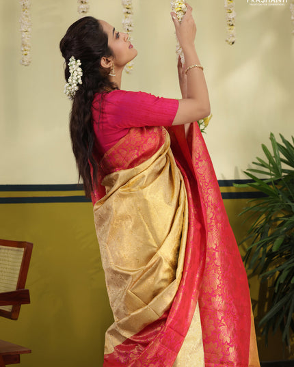Sandal-Pink Pure kanchipuram silk saree with allover brocade zari weaves & rich zari woven border