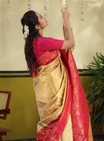 Sandal-Pink Pure kanchipuram silk saree with allover brocade zari weaves & rich zari woven border