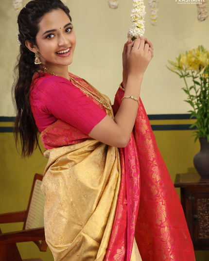 Sandal-Pink Pure kanchipuram silk saree with allover brocade zari weaves & rich zari woven border