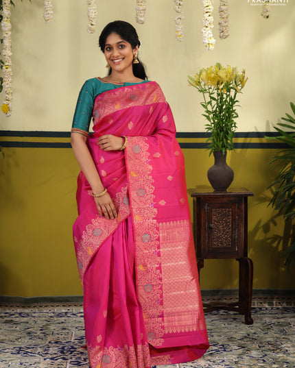 Pink pure kanchipuram silk saree with allover zari woven buttas & rich zari woven border