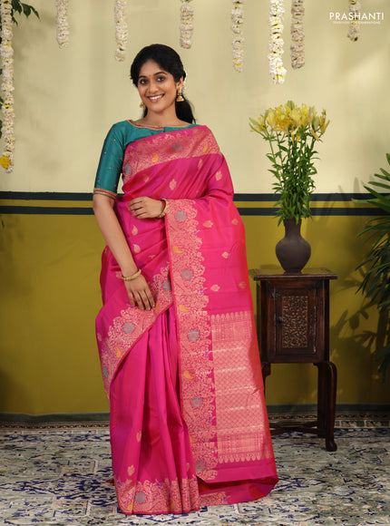 Pink pure kanchipuram silk saree with allover zari woven buttas & rich zari woven border