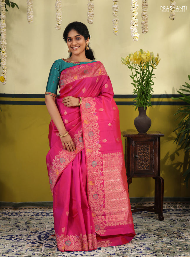 Pink pure kanchipuram silk saree with allover zari woven buttas & rich zari woven border