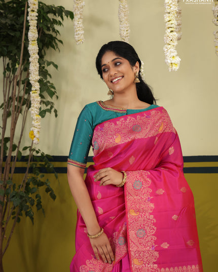 Pink pure kanchipuram silk saree with allover zari woven buttas & rich zari woven border