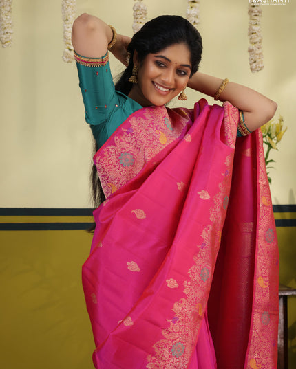 Pink pure kanchipuram silk saree with allover zari woven buttas & rich zari woven border
