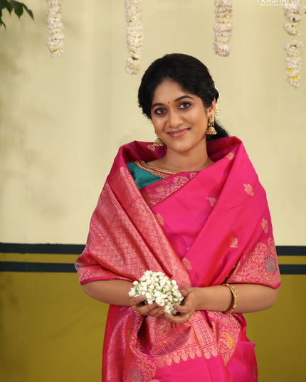 Pink pure kanchipuram silk saree with allover zari woven buttas & rich zari woven border
