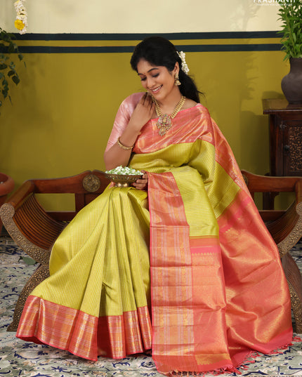 Lime Green-Pink Pure kanchipuram silk saree with allover zari woven brocade weaves & rich zari woven border