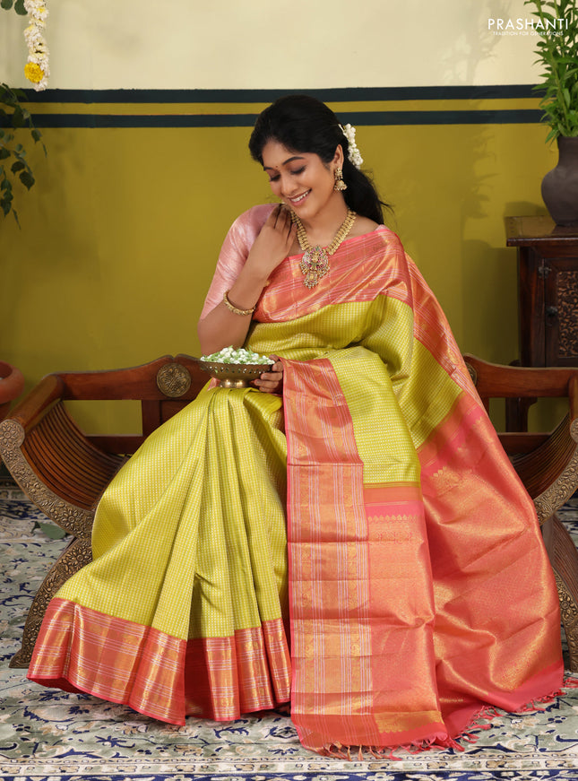 Lime Green-Pink Pure kanchipuram silk saree with allover zari woven brocade weaves & rich zari woven border
