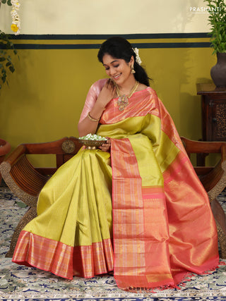 Lime Green-Pink Pure kanchipuram silk saree with allover zari woven brocade weaves & rich zari woven border
