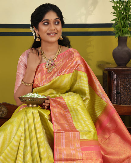 Lime Green-Pink Pure kanchipuram silk saree with allover zari woven brocade weaves & rich zari woven border