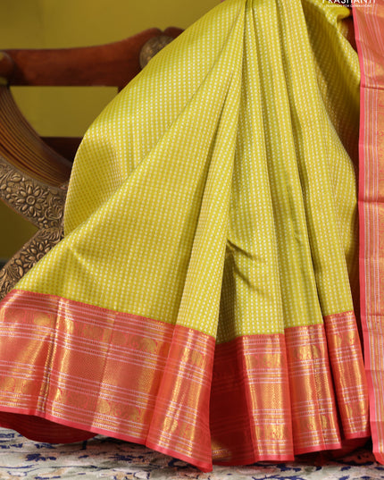 Lime Green-Pink Pure kanchipuram silk saree with allover zari woven brocade weaves & rich zari woven border