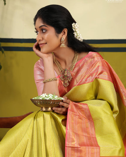Lime Green-Pink Pure kanchipuram silk saree with allover zari woven brocade weaves & rich zari woven border