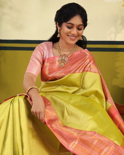 Lime Green-Pink Pure kanchipuram silk saree with allover zari woven brocade weaves & rich zari woven border