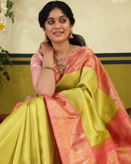 Lime Green-Pink Pure kanchipuram silk saree with allover zari woven brocade weaves & rich zari woven border